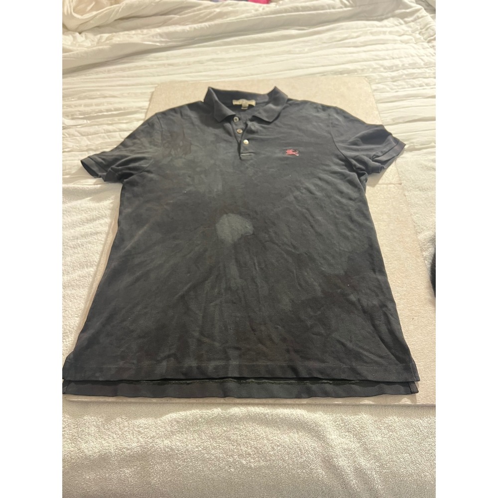 Burberry London England Mens Pique Cotton Polo Shirt Black Large Logo Faded